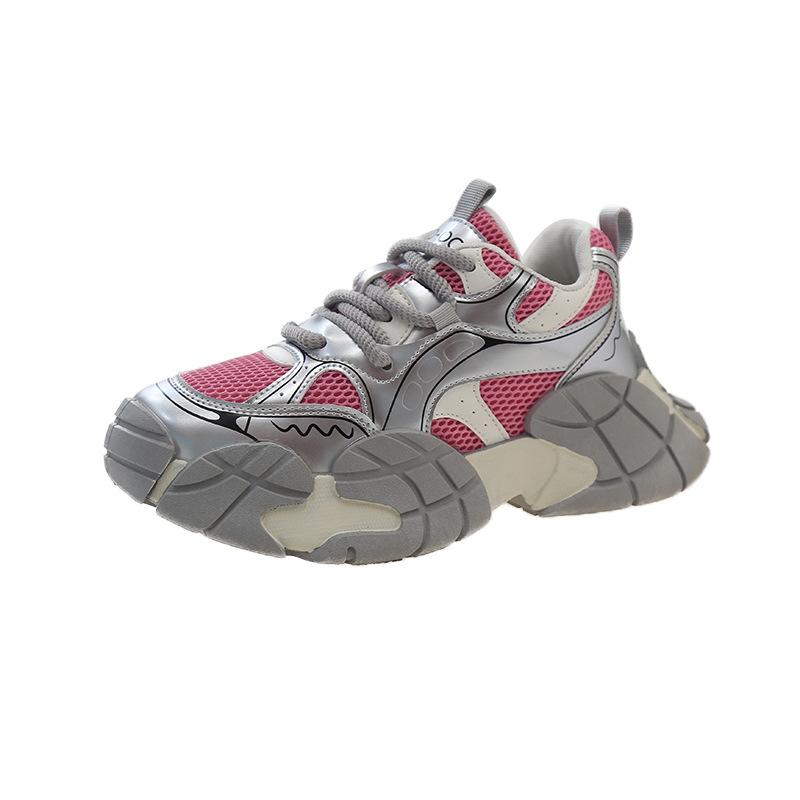 

Серебристые кроссовки-папы женские осень 2025 новые модные на толстой подошве сетчатые дышащие и легкие повседневные спортивные туфли 39