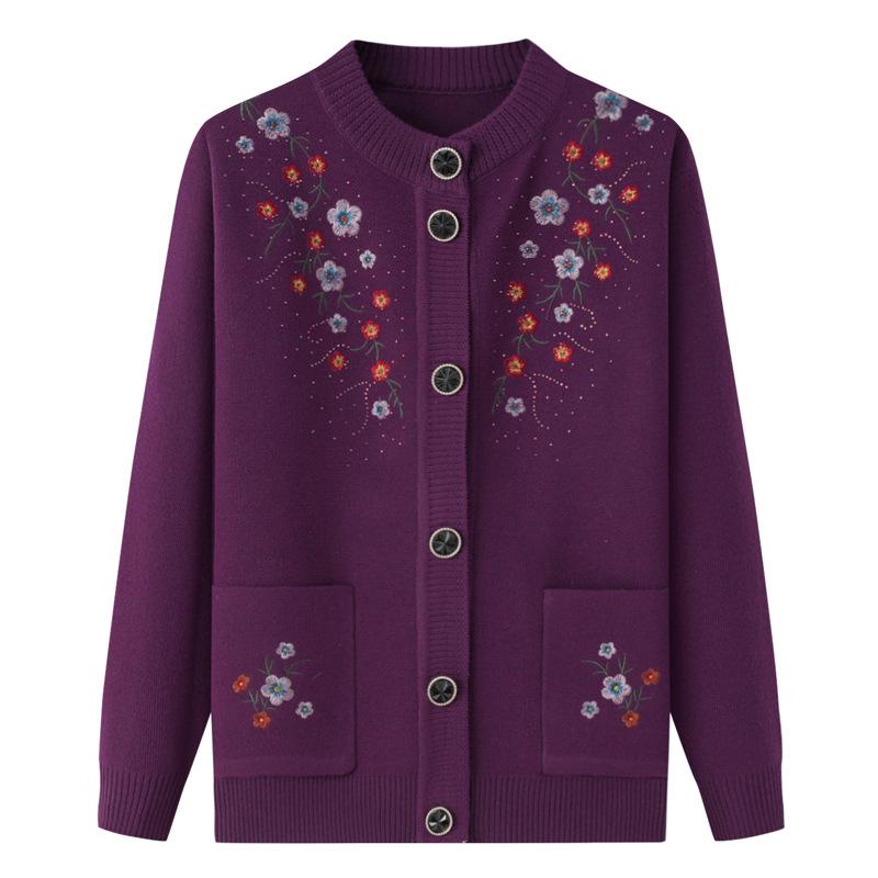 

Grandma s Embroidered Cardigan: Women s Spring & Autumn Velvet Knitwear for Elderly XL (90-105 cm)
