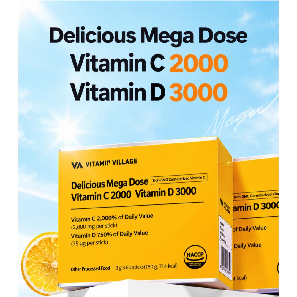 [vitamin village] Delicious Mega C High Dose Vitamin C 2000, Vitamin D 3000, 60 sachets