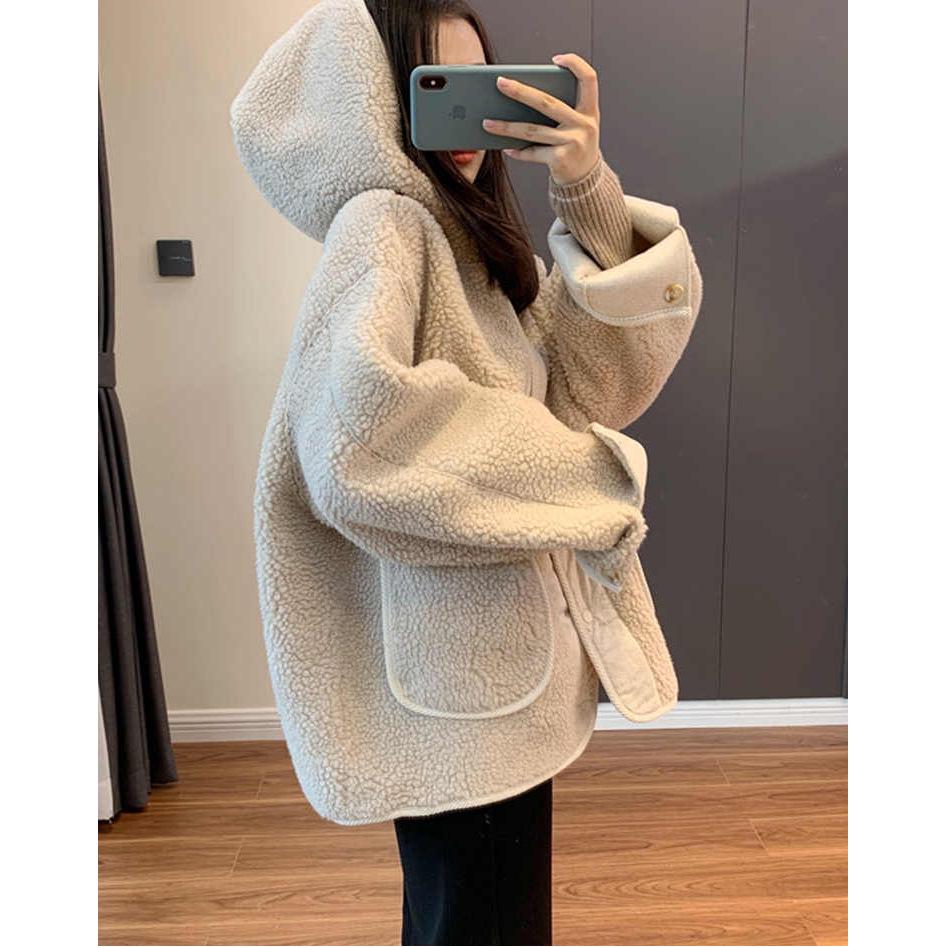 2024 Petite Women's Casual Hooded Lambswool Cardigan Jacket - Autumn Winter Arrival