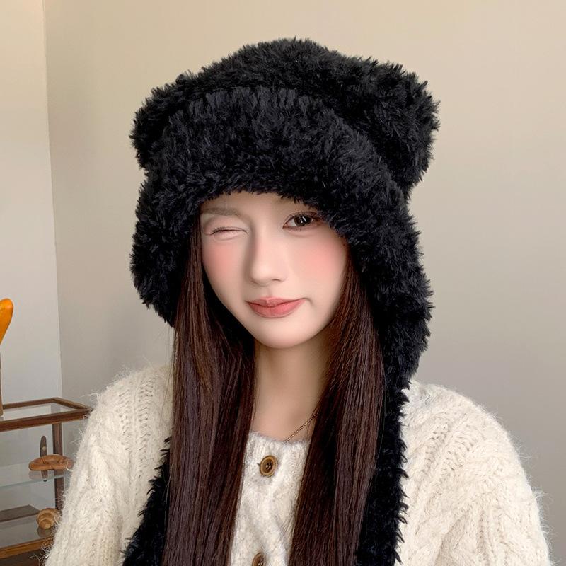 Korean Style Plus Velvet Cute Lanyard Plush Pullover Hat for Women Winter Large Head Circumference Knitted Hat Warm Ear Protection Woolen Hat