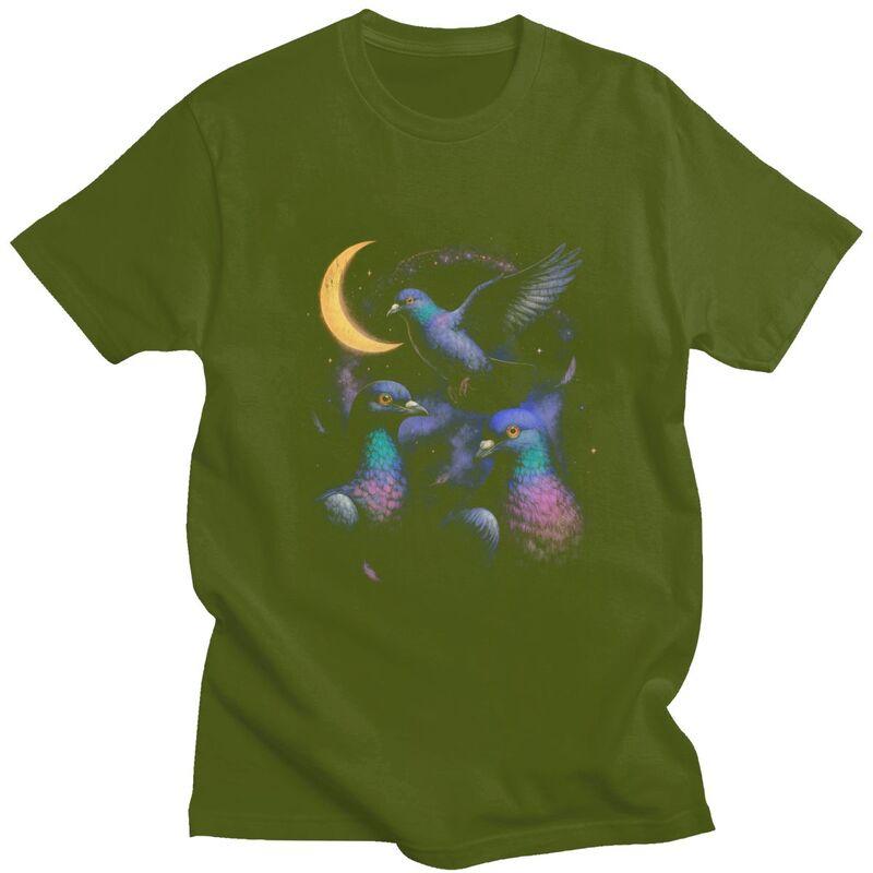 Male Cosmic Pigeons Under The Crescent Moon T Shirt Pure Cotton Colthing Fashion Casual Design Graphic Tees Shirt