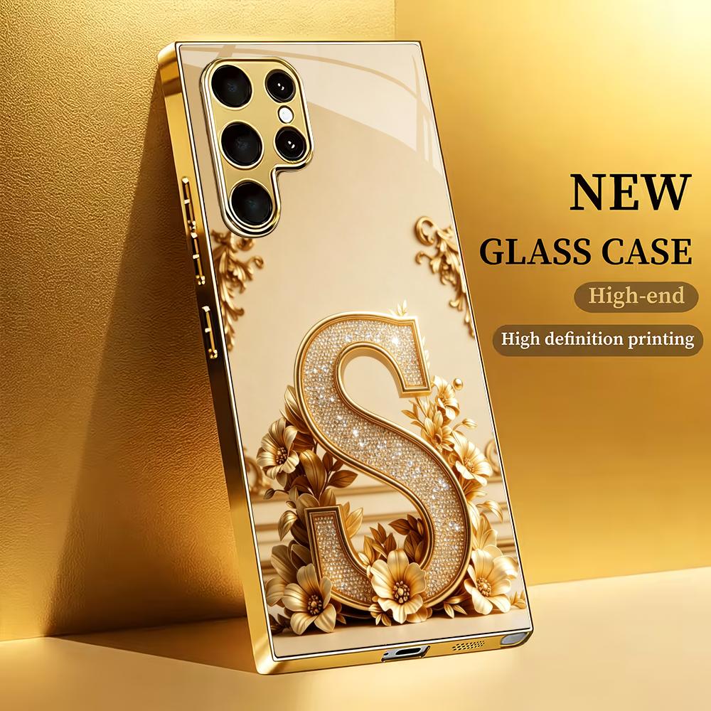 Pattern letter S electroplated glass phone case suitable for Samsung Galaxy S26 S25 S24 S22 S21 S20 FE/Ultra/Plus5G anti drop