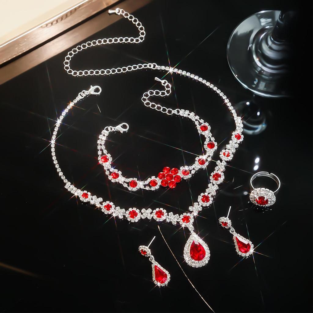 European & American Multi-Color Rhinestone Jewelry Set: Green, Blue & Red Necklace, Earrings, Bracelet & Ring
