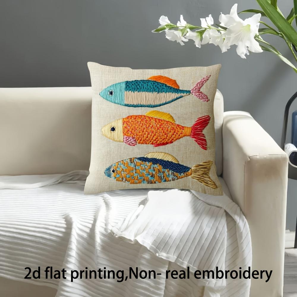 Colorful Fish Trio Pillow Cover 2D Faux Embroidery Print Nautical Coastal Marine Cushion Case For Sofa Bed Couch Home