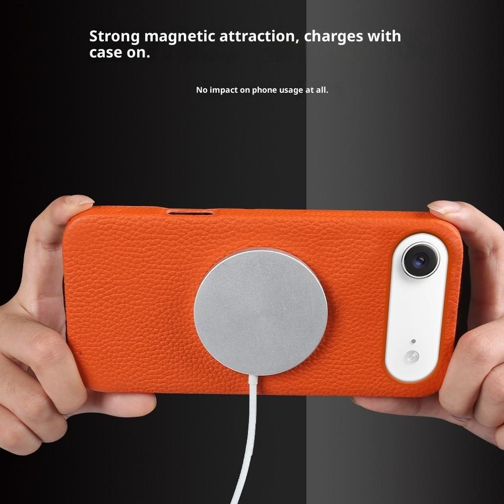 For iPhone Air Case Compatible with MagSafe Litchi Texture Genuine Cow Leather + PC Phone Cover