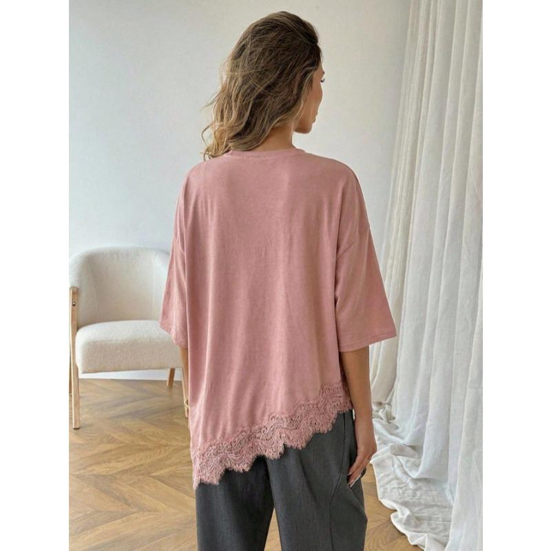 2026 Slanted Bottom Lace Splicing Short Sleeve T-shirt Summer Fashion Top for Women Loose Solid Color Elegant Irregular Blouse Women's Clothing