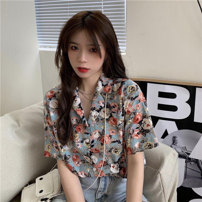 Summer Floral Shirt for Female Retro Hong Kong Style Short Sleeved Blouses Loose College Style Suit Collar Casual Blouse