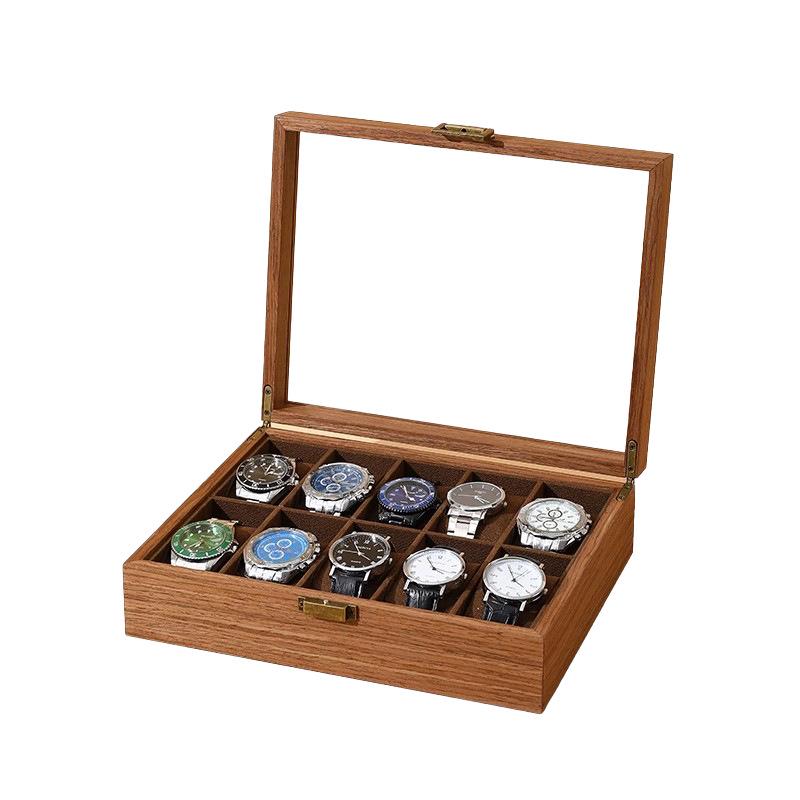 Walnut Wood Grain Watch and Jewelry Display Box with Glass Top