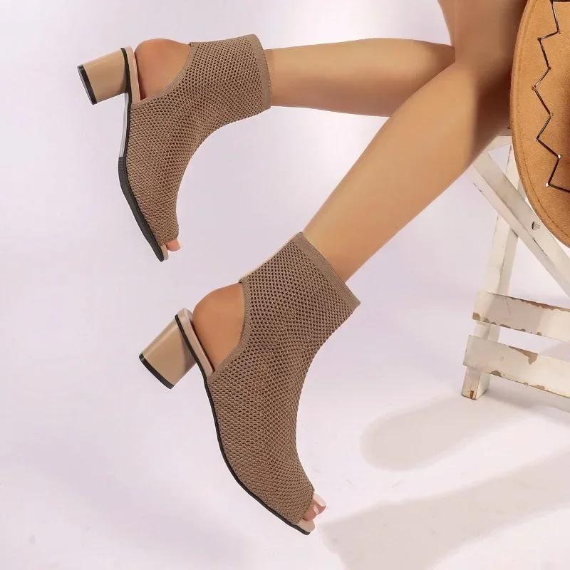 Dames One Kick Sandalen Vierkante Hak Peep Toe Elastisch Breisel Dames Mesh Laarzen Zomerjurk Lekkende Hak Sandalias De Mujer