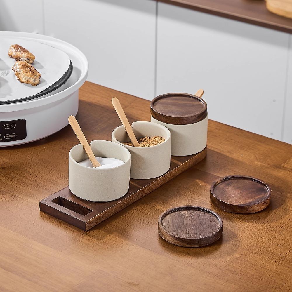 Pot à assaisonnement en céramique style japonais avec couvercle, plateau à cuillère, boîte à assaisonnement, récipient à épices pour restaurant