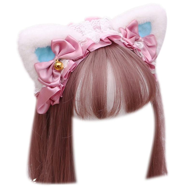 Girls Ruffles Lace Necklace with Pearl Chain Pendant Ribbon Bows Earrings Hair Clips Handmade Lolita Hair Ornaments