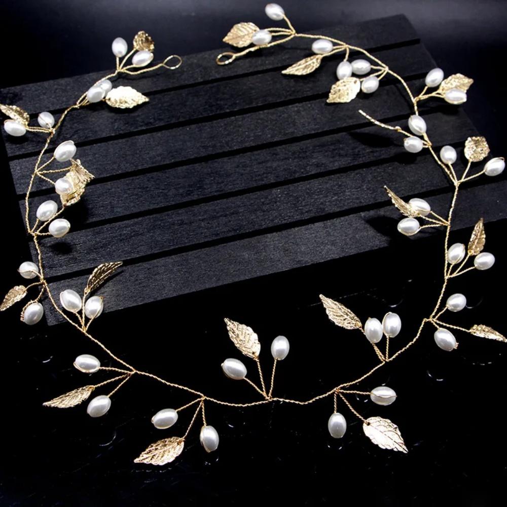 Vintage Bridal Leaf Pearls Vine Headband Wedding Bide Hair Bands Fashion Handmade Hairbands Tiara Woman Hair Accessories
