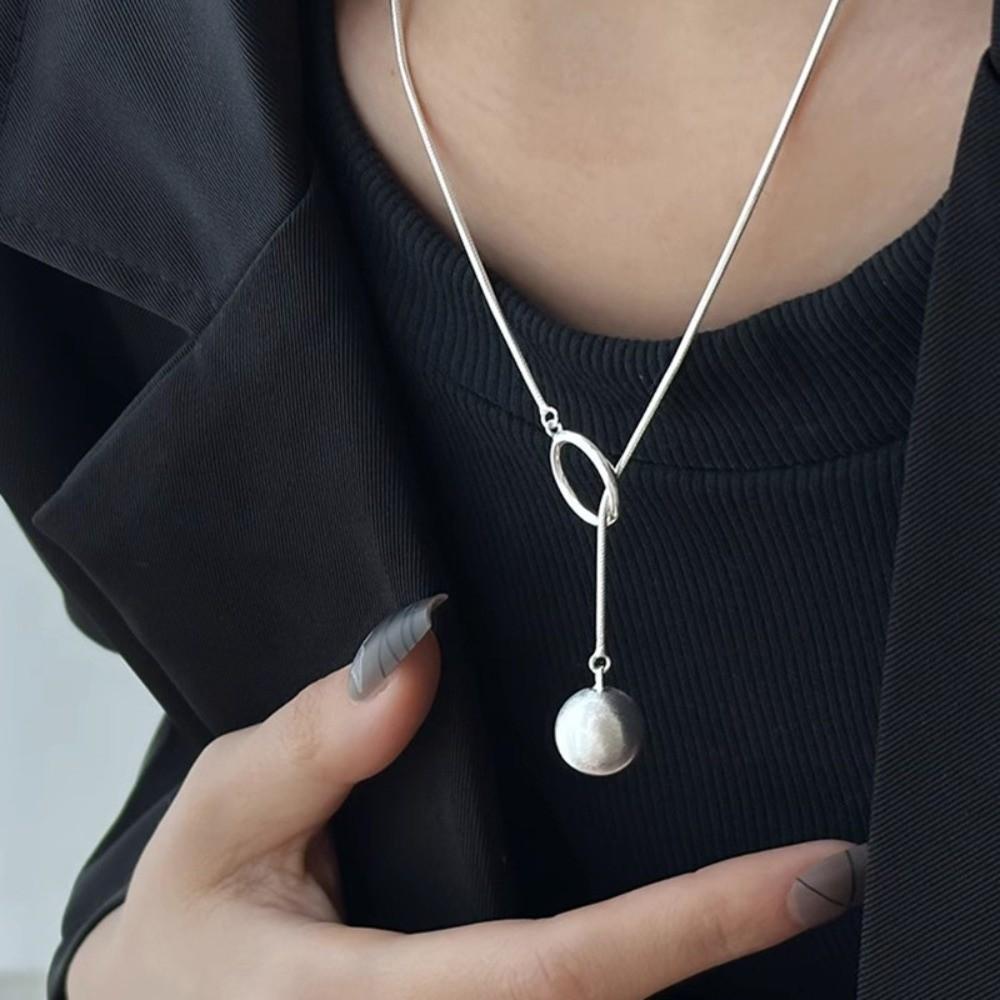 Geometric Shape Brushed Round Ball Necklace Minimalist Silver Bead Necklace  Daily Wear