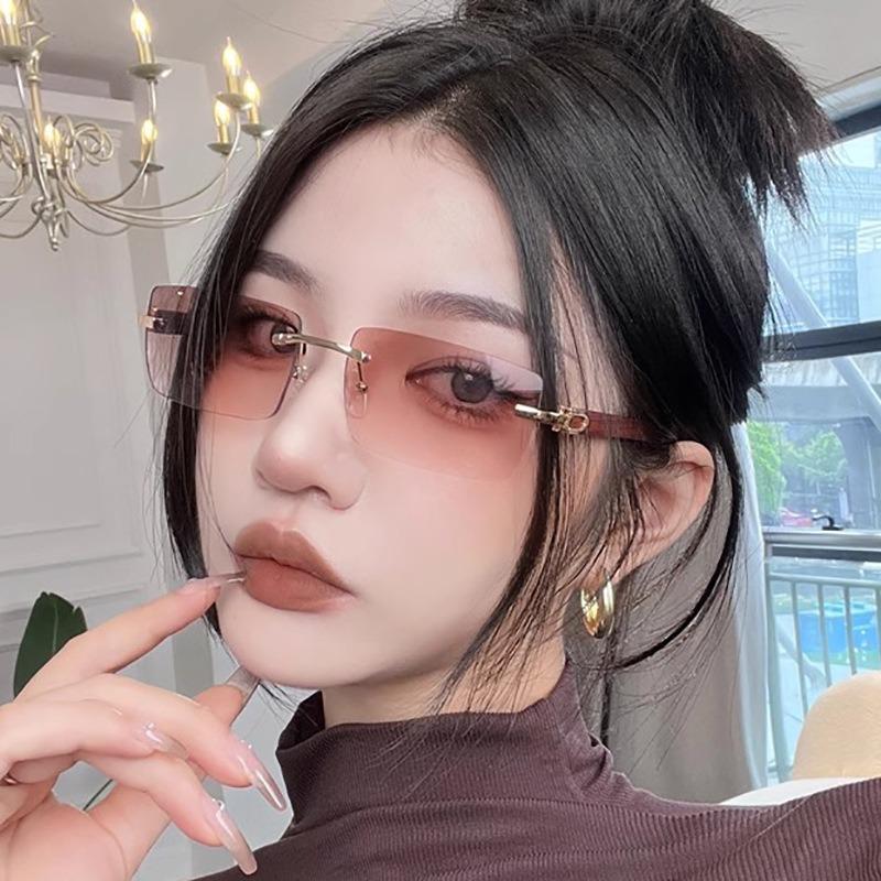 Rimless Rectangle Sunglasses For Women Fashion Vintage Trendy Small Frame Sun Glasses Frameless Eyewear Uv400