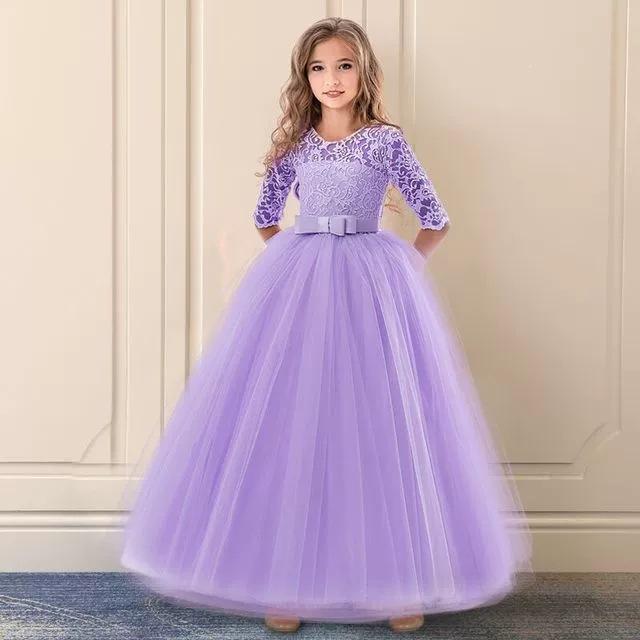 Girls bow puffy skirt flower girl wedding dress children's skirt girldress princess seven-quarter sleeve dress