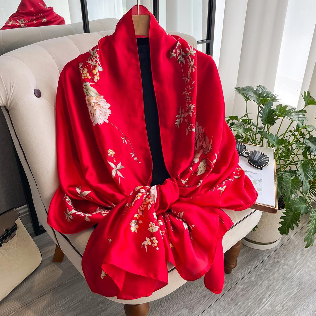 Popular 180X90CM Print Bandannas Europe America Silk Scarves Four Seasons Satin Beach Towel Fashion Flower Long Shawls