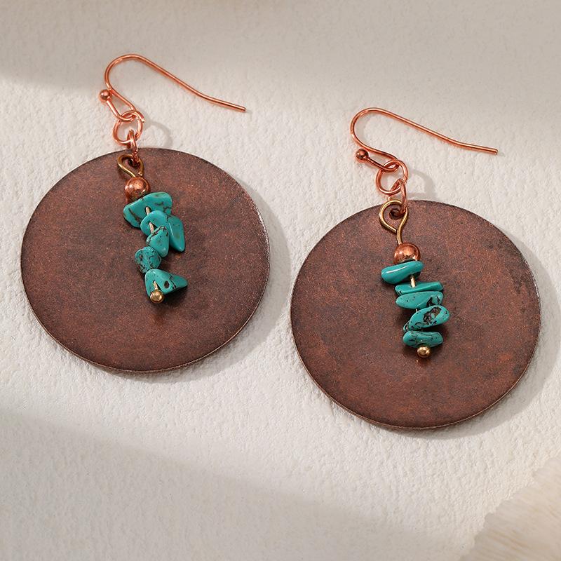 

Богемные ретро этнические серьги с подвесками из бирюзы, серьги-кольца из новой и старой меди, подарок