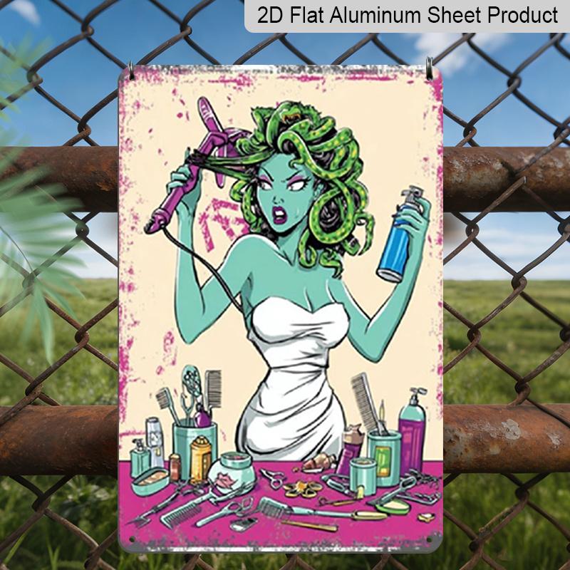 

2D Flat, Vintage Medusa Greek Mythology Aluminum Wall Decor - Turquoise & Pink Retro Medusa Sign with Snake Hair, Pre-Drilled Holes - Greek Goddess 20*30cm