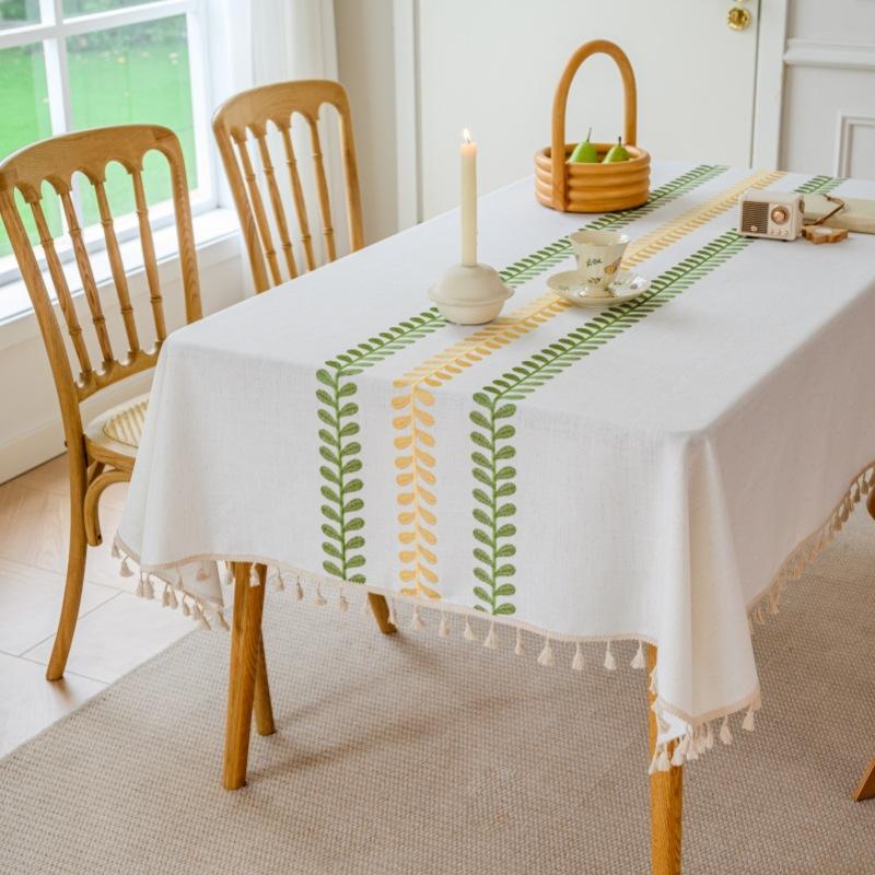 Embroidery High-Grade Waterproof Cotton And Linen Fabric Dining Table Cloth Rectangular Fringe Simple Tablecloth
