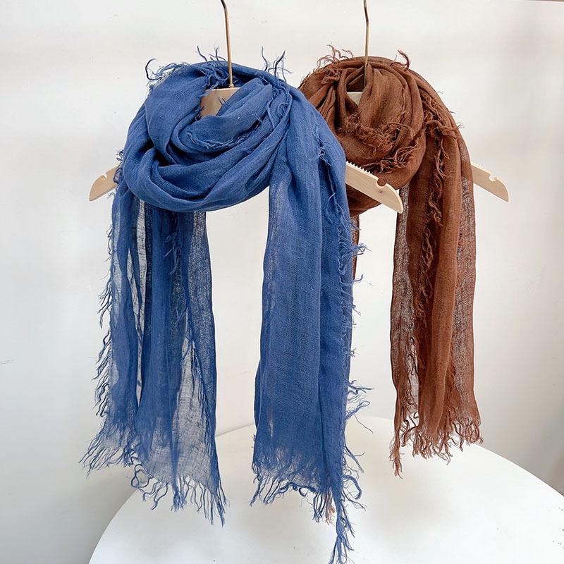Versatile Solid Color Linen Scarf Light And Breathable Sunscreen Decorative Silk Scarf Literary Japanese Men'S Rough Edge Scarf