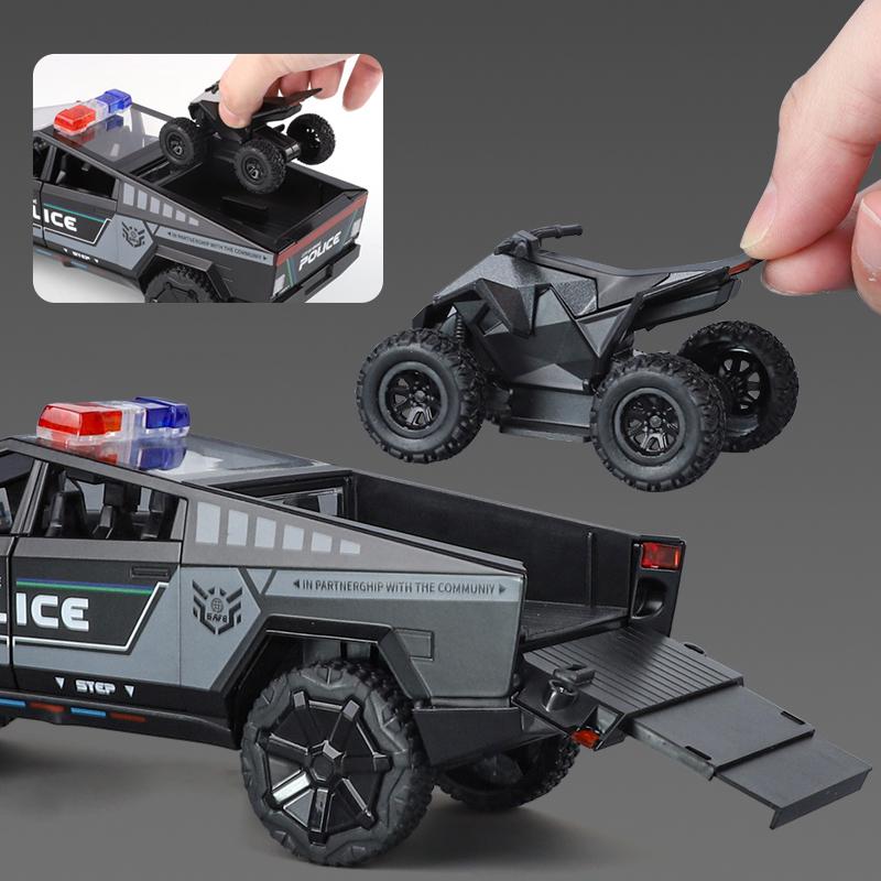 1/24 Tesla Police Cybertruck Off Road Alloy Metal Diecast Model Car Outdoor Collections Classic Trendy Toy Decorations Valentine Kids