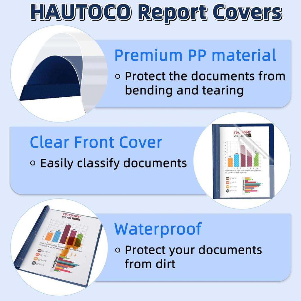 HAUTOCO 5 Pack Plastic Report Covers with 3 Prongs Fasteners Clear Front Resume Portfolio Folder for 8.5x11 Letter Size Paper, Presentation Document