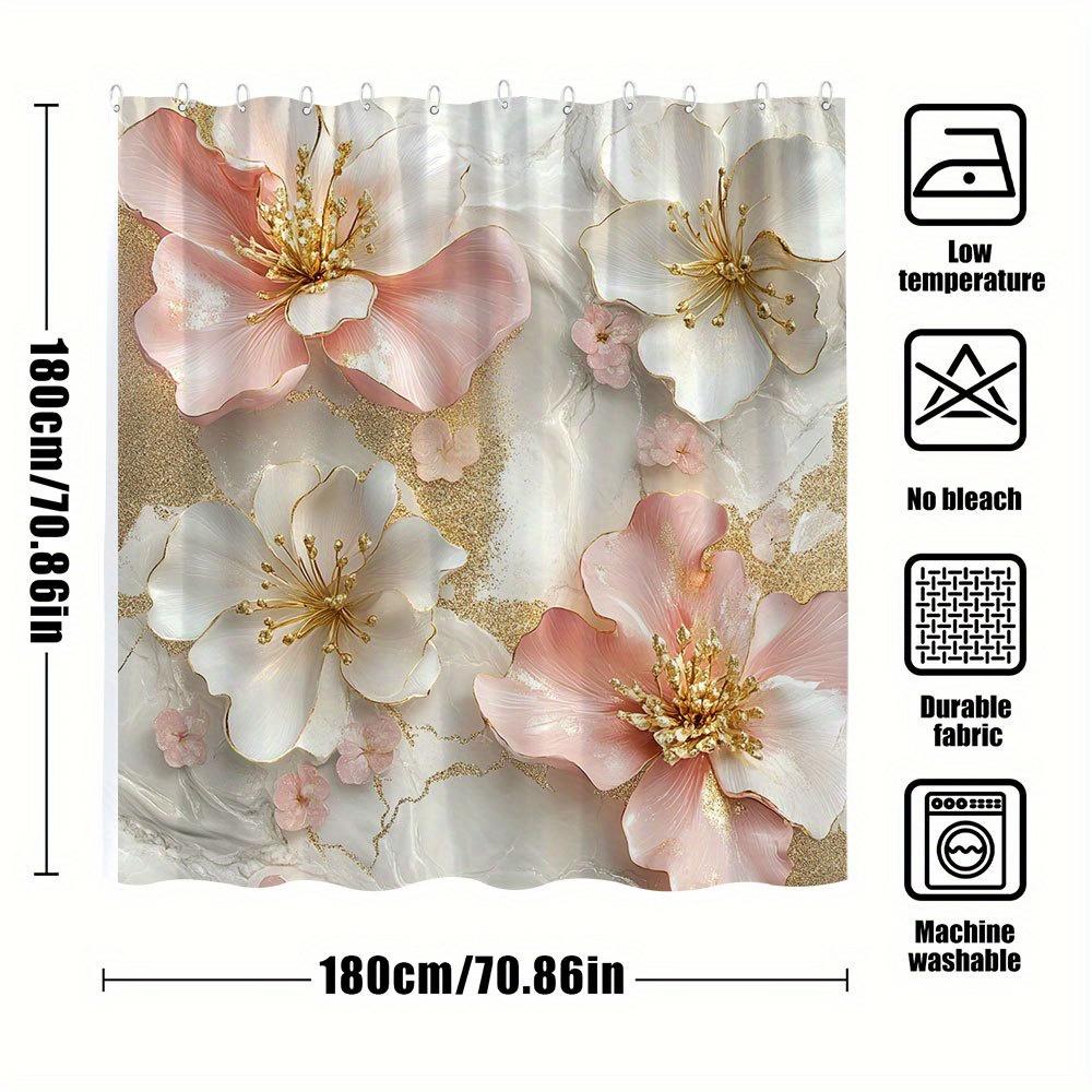 1pc Luxury Blooms Bath Curtain - Elegant Digital Art of Stylized Pink & White Flowers with Golden Accents, Marble Background, Or