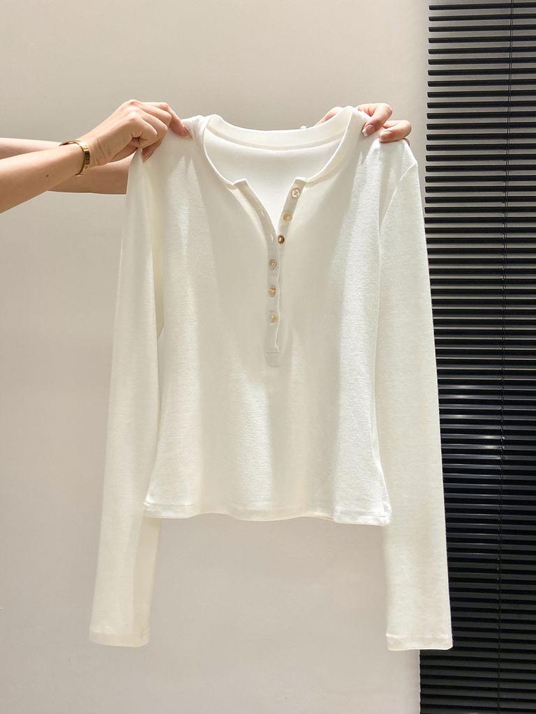 Women's BM-Style Button-Up Henley Long-Sleeve T-Shirt, Slim-Fit Stretchy Top with Imitation Cashmere Lining for Autumn/Winter/Spring