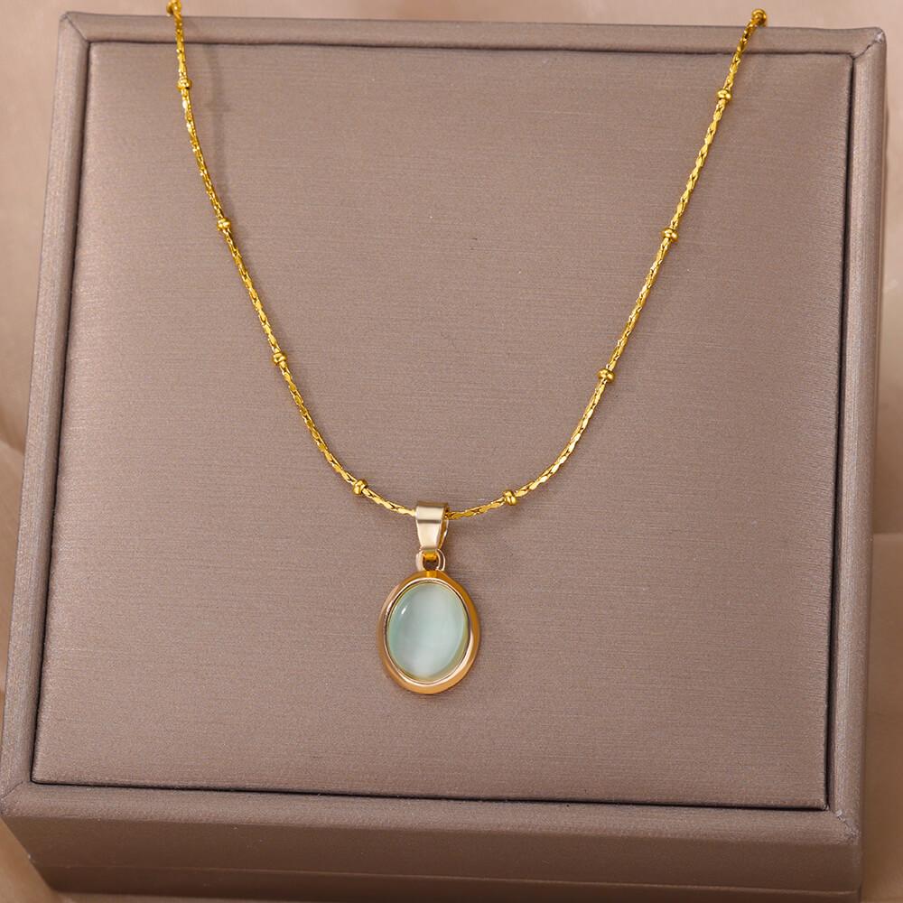 Neue Persönlichkeit Mode Goldfarbe Edelstahl Opal Anhänger Halskette für Damen Luxus Schmuck Zubehör Geschenk Farbecht