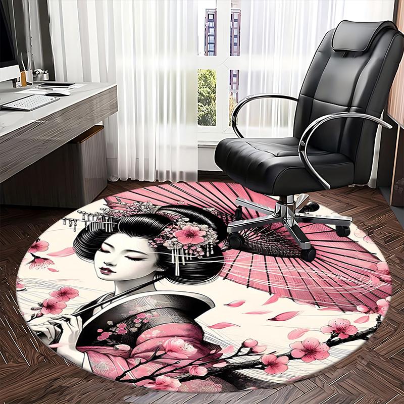 Japanese Geisha, Chair mat Round Rug Office carpet, Machine Washable, Non slip, Suitable for Living Rooms, Bedrooms