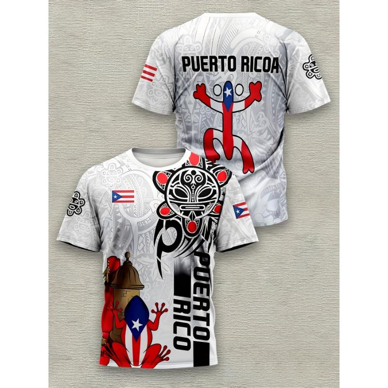 Men's Puerto Rico Flag Coqui Frog Print T-Shirt Casual O-Neck Short Sleeve National Graphic Tee Tops