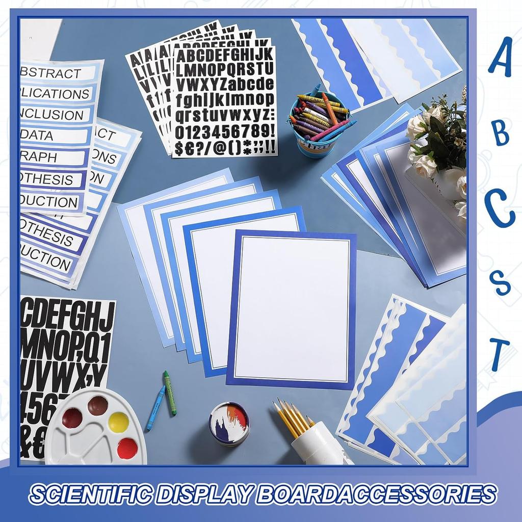 92 Pcs Science Fair Board Supplies 60 Trim Scalloped Poster Boards 18 Presentation Subtitles 6 Project Titles 8 Letter Sticker for Classroom Display