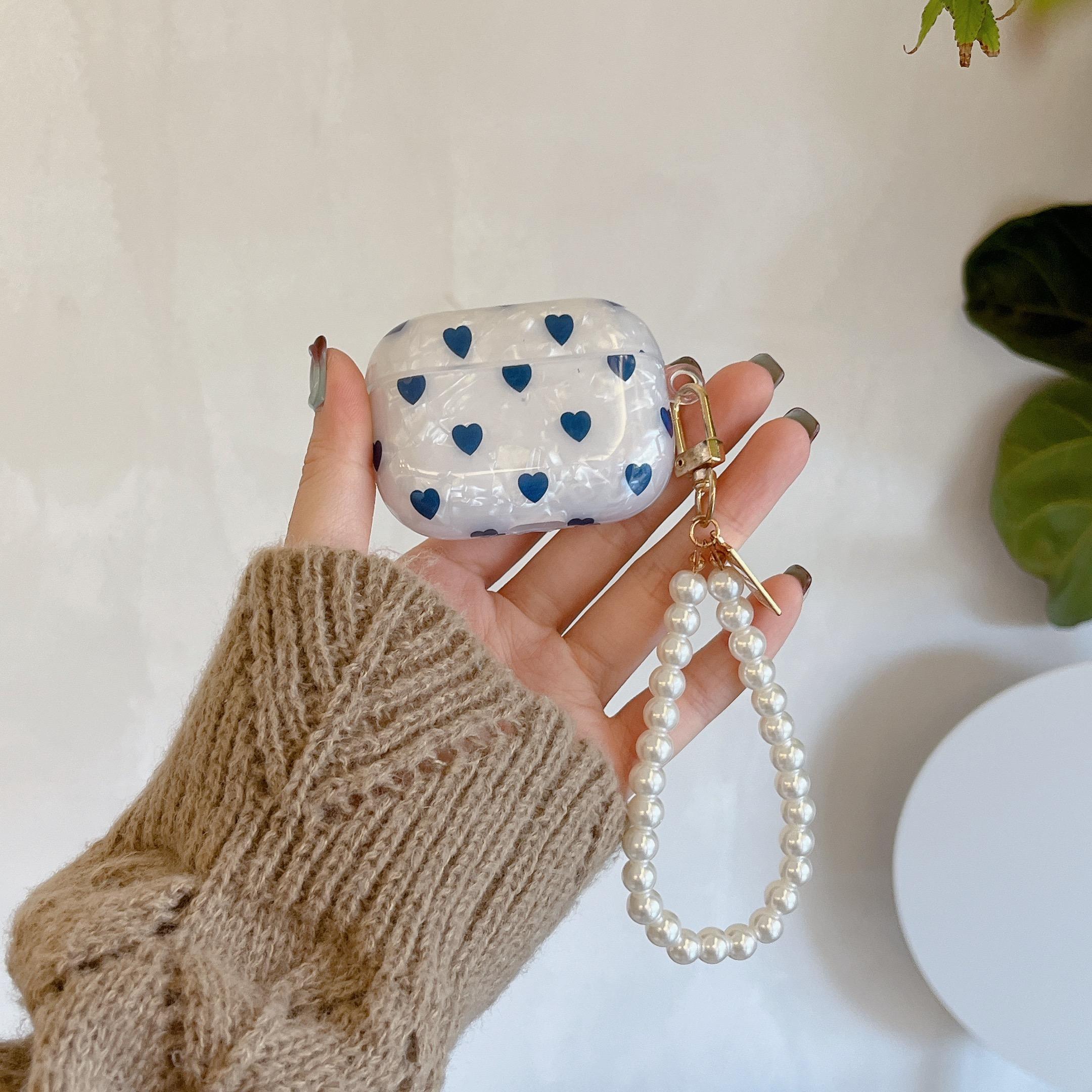 

For Apple AirPods Pro Blue Heart Pattern Protective Cover Bluetooth-compatible Earphone TPU Anti-drop Case with Bracelet