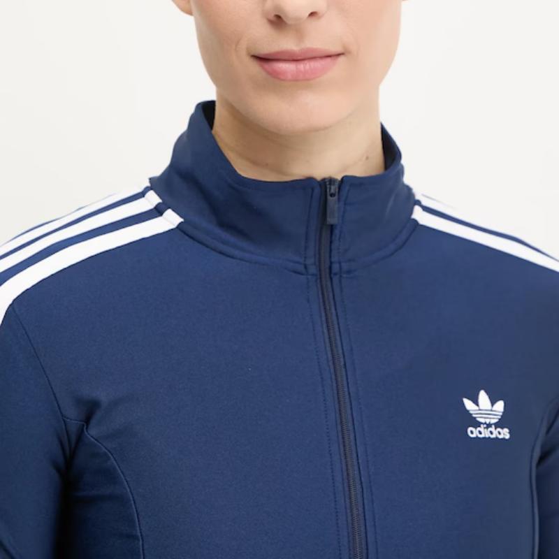 adidas Originals Striped Stand Collar Zipper Long Sleeve Slim Jacket Women Jackets Midnight-Blue JD5023
