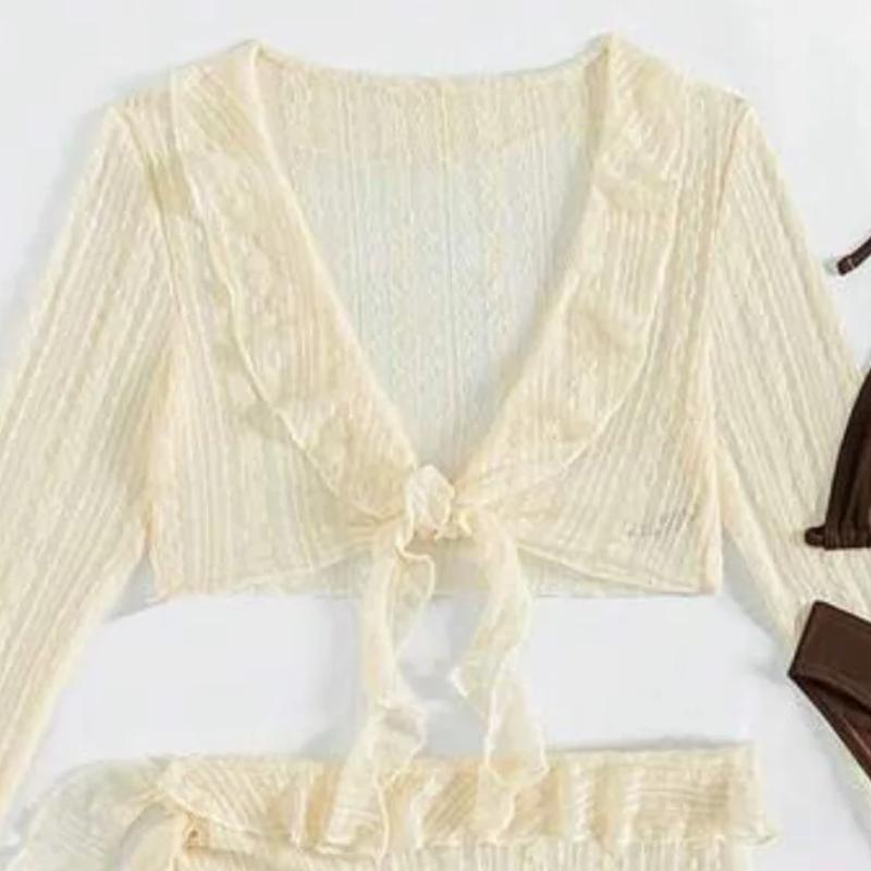 2025 Sexy Four-piece Women Swimsuit Long-sleeve Cover-up Swimwear Summer Solid Bikini Set Brazilian Beachwear Party Bathing Suit