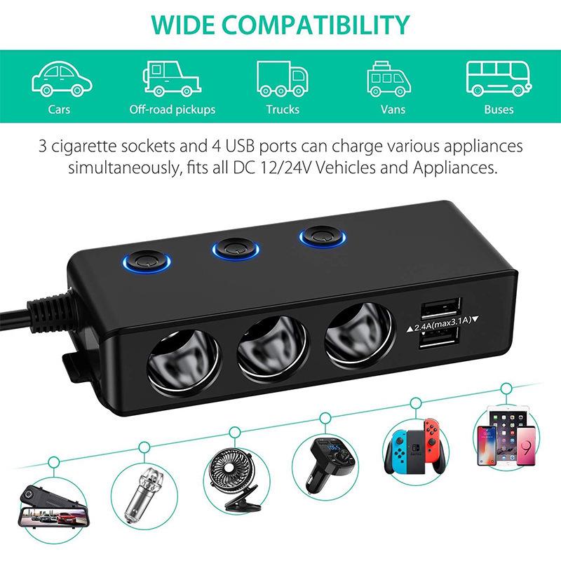TR30 Car Cigarette Lighter Splitter: 3-Socket, 4-USB Ports, Independent Switches, QC3.0 Fast Charge, 120W, Voltage Display