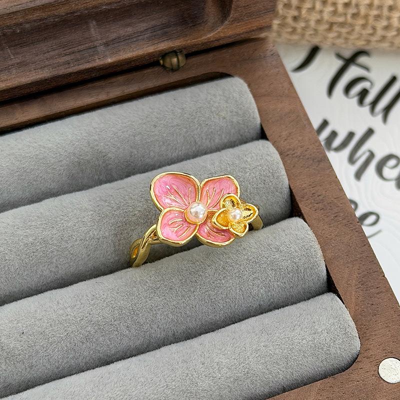 Sweet Stacked Enamel Dripping Oil Flower Temperament Open Ring Women'S Fashion Niche Design Sense Light Luxury Ring