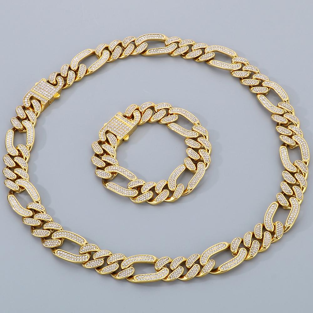 Hip-Hop Jewelry CZ Cuban Chain Man Bracelet Necklace Set Luxury Gold Color 60CM Long Stainless Steel Men's Necklace & Bracelets