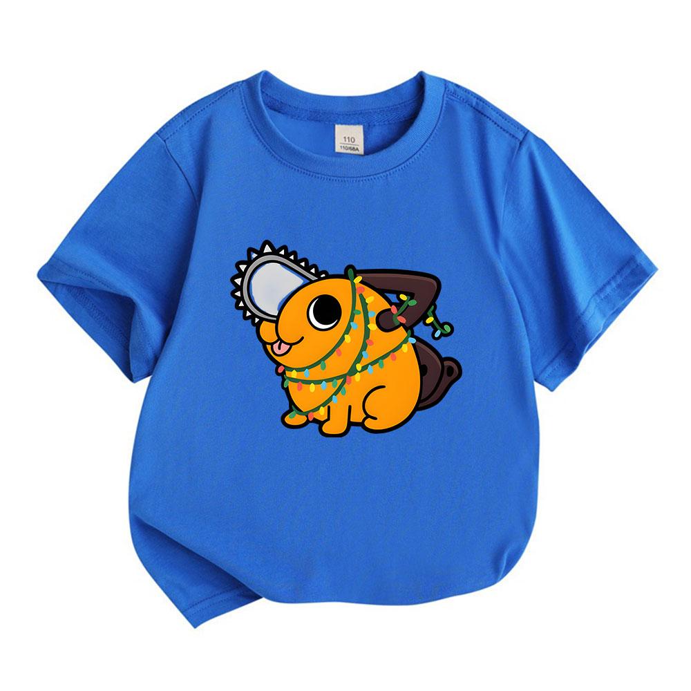 Kids Boys Girls 100% Cotton Crew Neck Short Sleeve T-Shirt, Cute Cartoon Orange Chainsaw Dog Wrapped in Christmas Lights Pattern Casual Soft Summer Te