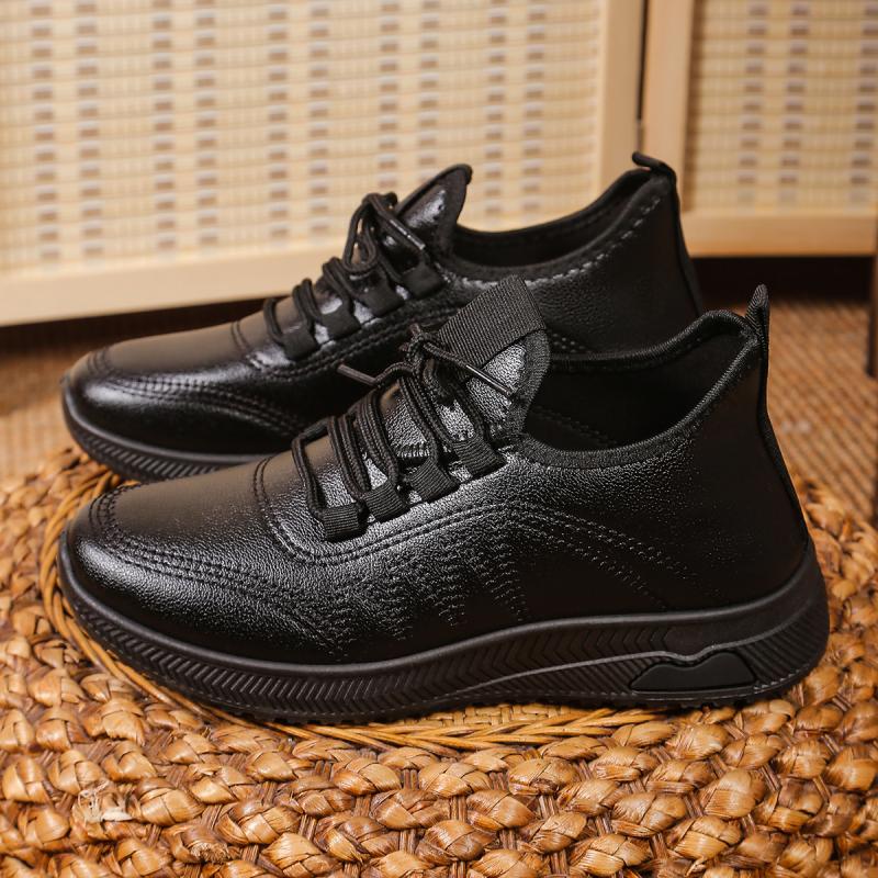 Fashion Classic Pu Solid Black Lace Up Sneakers Women 2025 Autumn Round Toe Stitching Decoration Casual Shoes Soft Sole Non Slip Shoes