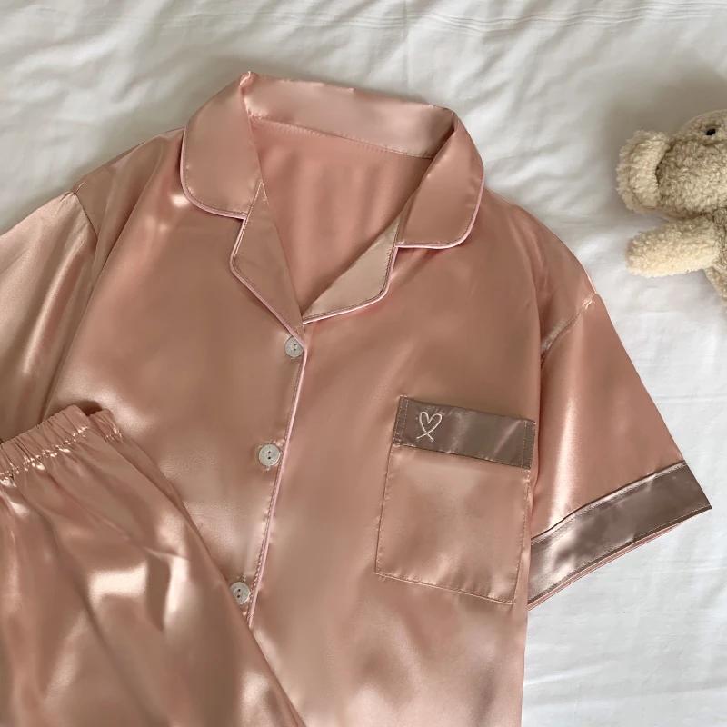 Simple Pink Heart Embroidery Women Pajamas Korean Harajuku Solid Home Nightgow New Summer Sweet 2pc Lady Sleepwear