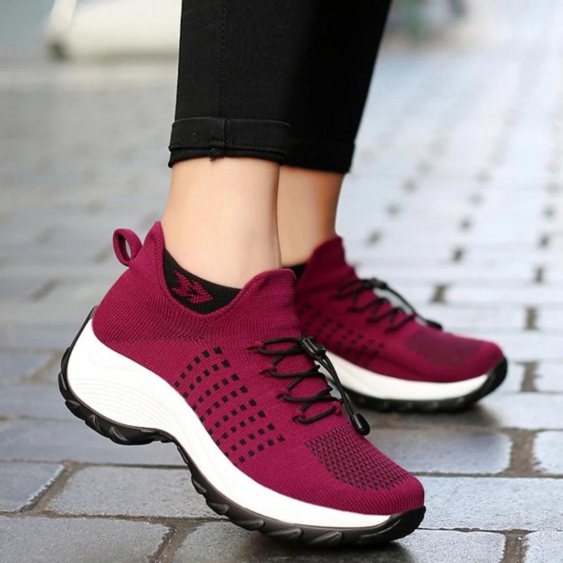 Women Walking Trainers Fashion Fly Weaving Sock Sneakers 2024 Breathe Comfort Nursing Shoes Casual Platform Loafers Non-Slip