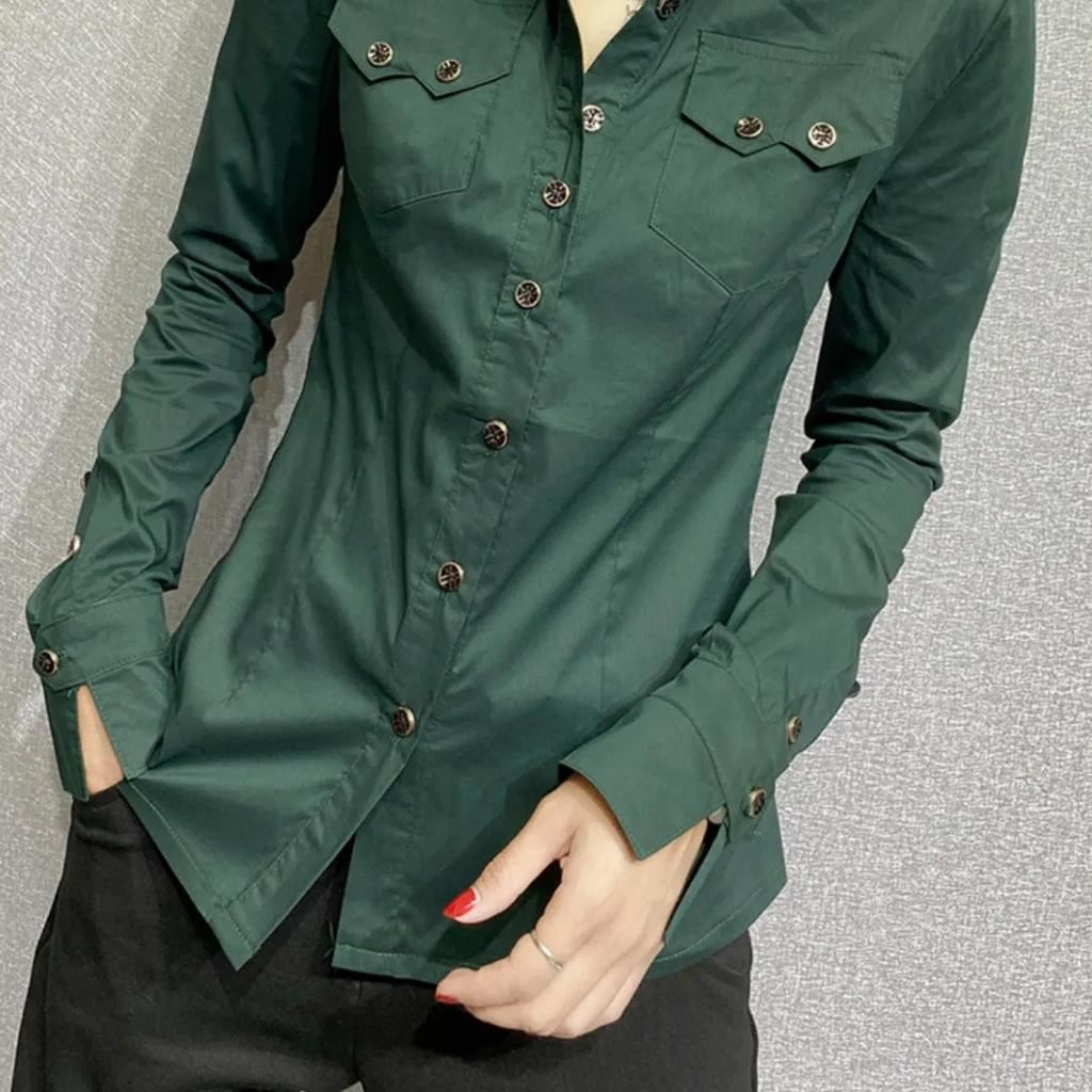 Spring Women's Long Sleeve Green Shirts Autumn Office Lady Pocket Blouses Women Button Up Tops