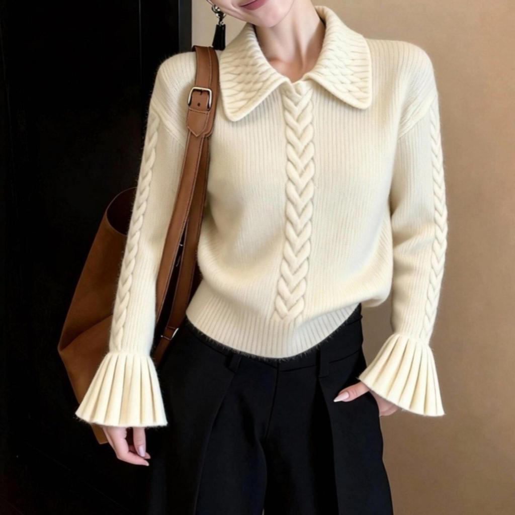 Gentle lapel knitted sweater autumn new women's pullover fashionable and elegant versatile sweater