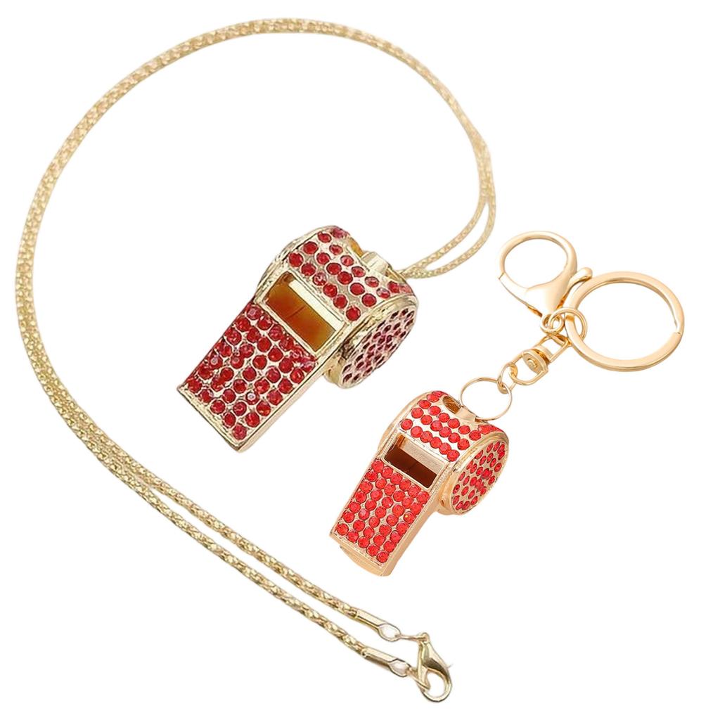 2-Piece Rhinestoned Whistle Keychain and Necklace Set with Zinc Alloy Construction 6 Stylish Color Option for Daily Use
