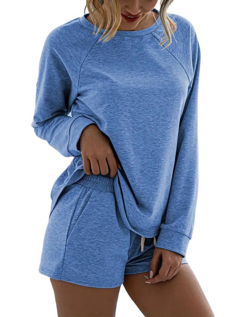 

Женский комплект повседневной спортивной одежды светло-голубого цвета, свободный топ с длинным рукавом и подходящие шорты S светло-синий