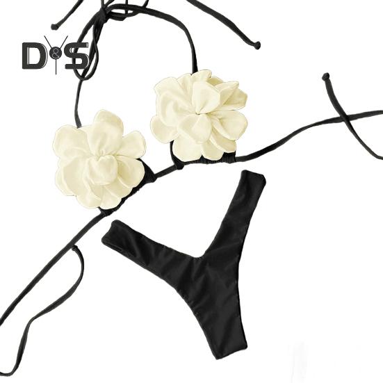 2Pcs/Set Summer Bikini Set Adjustable Drawstring Lace-Up Halter Neck 3D Flower Bra Low-rise Swimming Briefs Set Swimwear