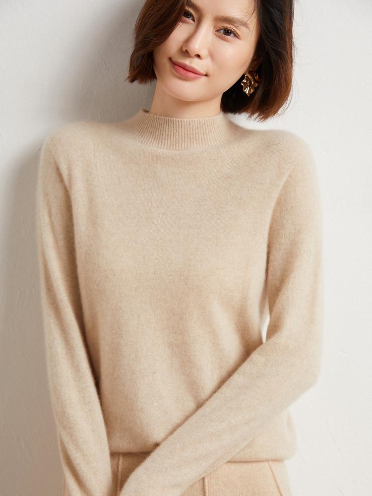 Women's Seamless Wool Sweater: Autumn/Winter Half-High Neck, Loose Fit, Knitted Base Layer