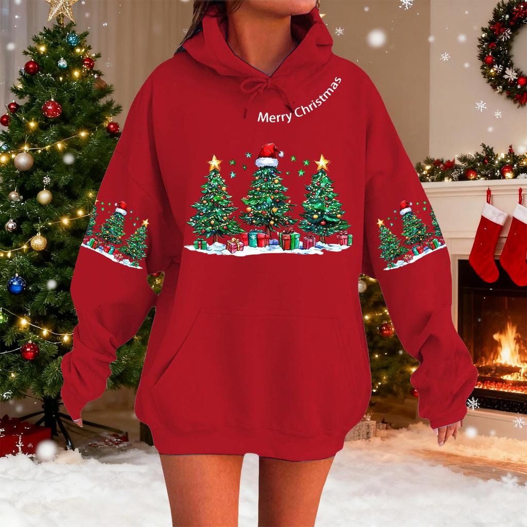 Women's Fashionable Casual Long-Sleeved Christmas Holiday Party Printed Hooded Sweatshirt